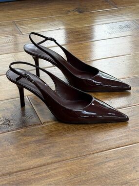 Patent Pointed-Toe Slingback Heels in Deep Brown